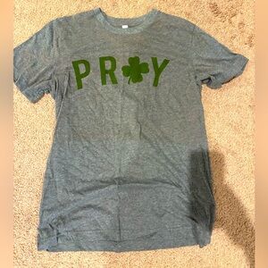 PRAY  t-shirt dark grey heather w/ green vinyl letters & 4 leaf clover, Med.